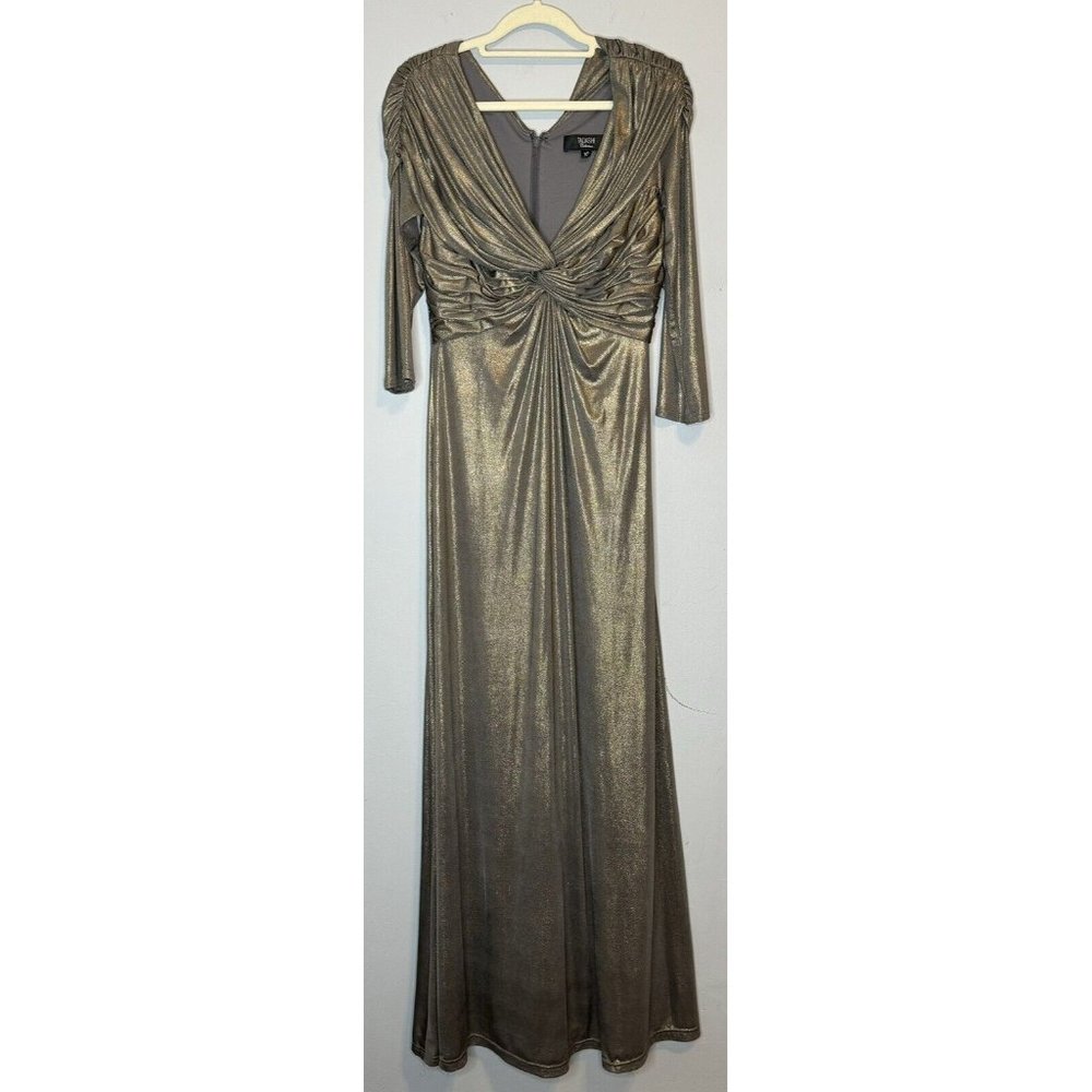 tadashi shoji dress XS Gold Metallic V Neck Pleated Long Maxi Mother Bride Groom